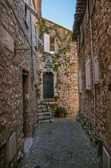Fototapeta na wymiar Alley view with stone walls, house and plants in Saint-Paul-de-Vence, a lovely well preserved medieval hamlet near Nice. Located in Alpes-Maritimes department, Provence region, southeastern France
