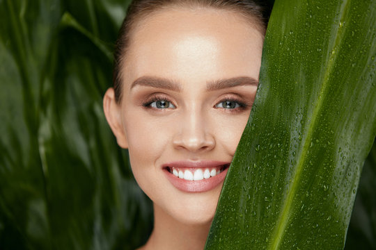 Natural Cosmetics. Beautiful Woman Face With Green Plant