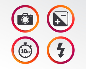 Photo camera icon. Flash light and exposure symbols. Stopwatch timer 10 seconds sign. Infographic design buttons. Circle templates. Vector