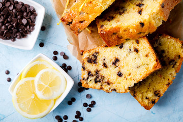 Cake with Lemon and chocolate.Homemade Cakes on a Blue Background.