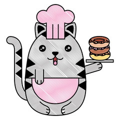 cute cat chef with delicious donuts kawaii character vector illustration design
