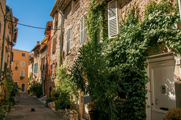 Fototapeta na wymiar Alley view with stone houses and plants under sunny blue sky in Vence, a stunning medieval hamlet completely preserved. Located in the Alpes-Maritimes department, Provence region, southeastern France