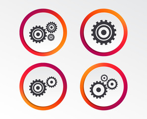 Obraz premium Cogwheel gear icons. Mechanism symbol. Website or App settings sign. Working process performance. Infographic design buttons. Circle templates. Vector