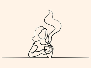 Continuous line drawing. Abstract portrait of a woman with cup of tea. Vector illustration.