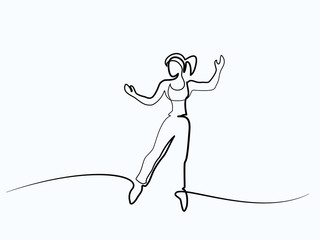 Continuous line drawing. Happy jumping woman on white background. Vector illustration.