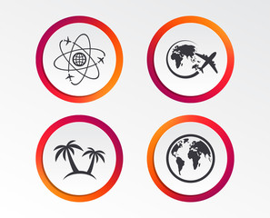 Travel trip icon. Airplane, world globe symbols. Palm tree sign. Travel round the world. Infographic design buttons. Circle templates. Vector