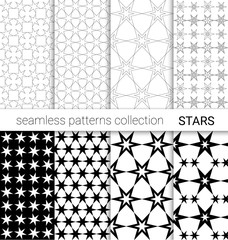 Collection of black seamless patterns with stars.