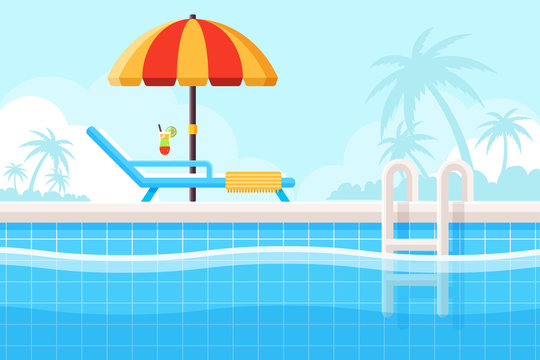 Background with Swimming Pool, Parasol and Beach Chair. Flat Design Style. 