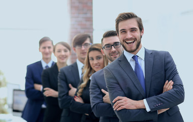 portrait of a smiling business team in office .