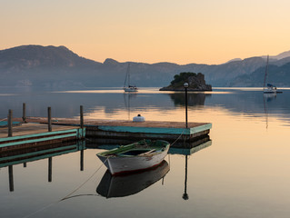 Fototapeta premium Boat reflected in the water, Selimiye village, Marmaris, Mugla city, Turkey country