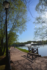 Park alley walkway pathway trees spruce birch sky grove forest blue green grass flora nature landscape stones arch building greenery oxygen lantern bridge lake season sunset