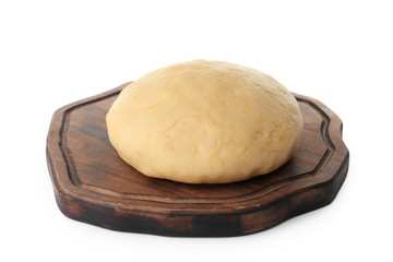 Fototapeta na wymiar Wooden board with raw dough on white background