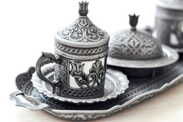 Copper Turkish coffee set with bluring