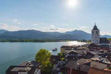 View of St. Wolfgang waterfront with Wolfgangsee lake, Austria