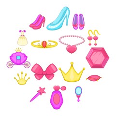 Princess doll icons set. Cartoon illustration of 16 princess doll vector icons for web