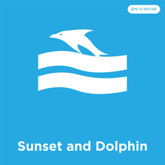 Sunset and Dolphin icon isolated on blue background