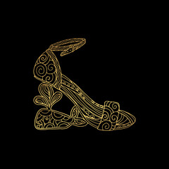 Obraz premium Lady hogh heels or woman T-strap, girl shoes. Golden female boot with zentangle style pattern, women clothing ornamental accessory. Glamor and shopping art, hand drawn boutique theme for coloring book