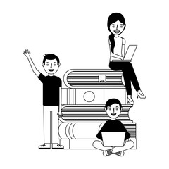 happy group people learning with books and laptop vector illustration