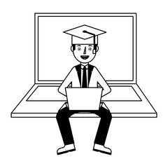 young student graduate sit in laptop vector illustration