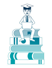 man with laptop and books character vector illustration design
