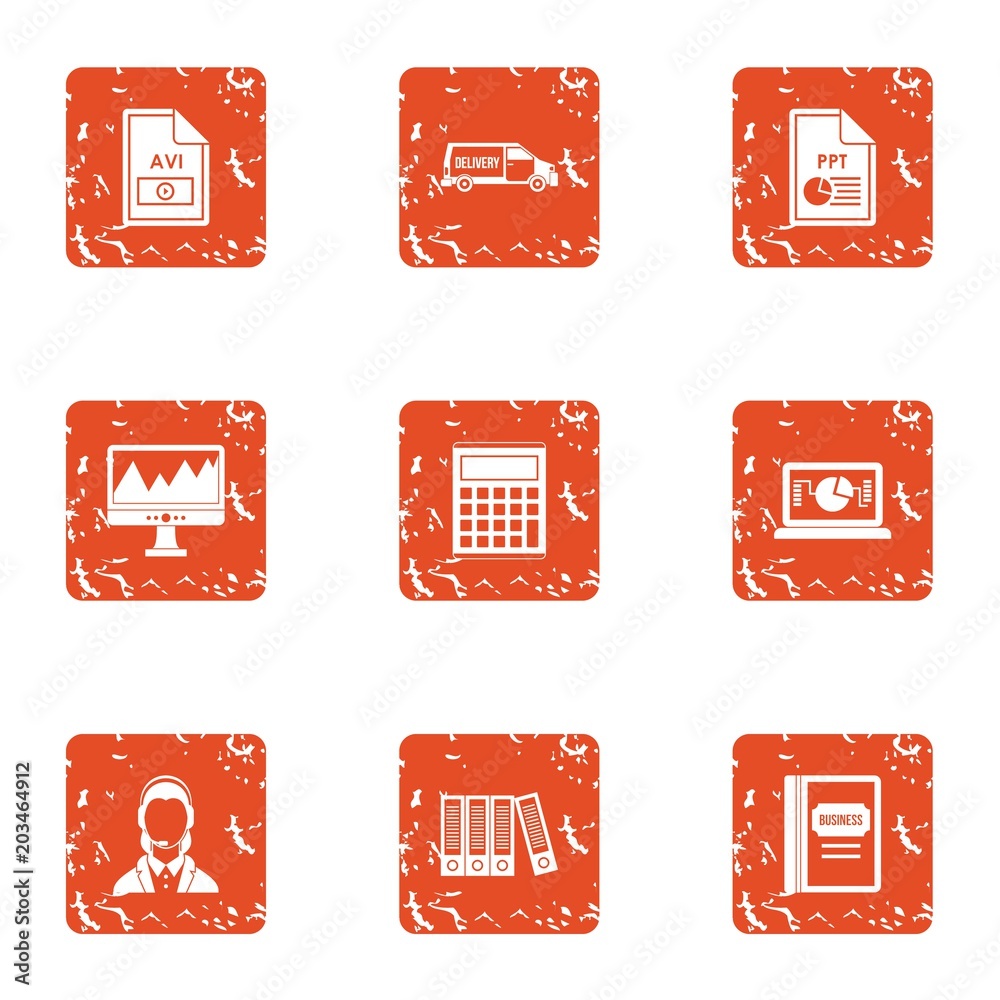 Poster computer documentation icons set. grunge set of 9 computer documentation vector icons for web isolat