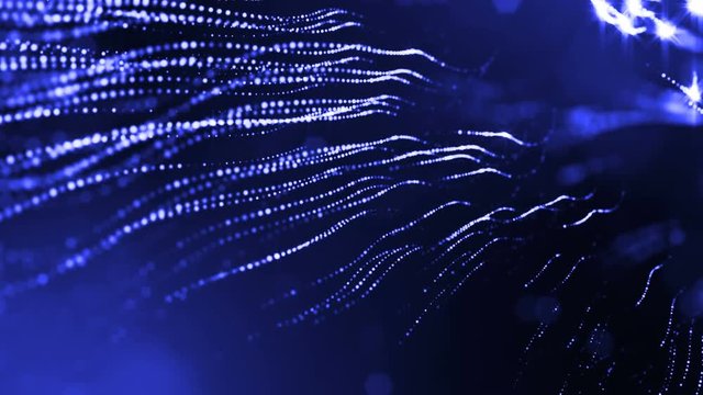 3d render of luminous particles as science fiction background or modern abstract blue background of particles with depth of field and bokeh like vj loop. Particles form line and wavy structure. 3