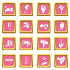 Photography icons set vector pink square isolated on white background 