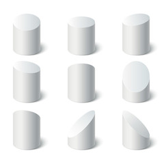 3d geometric shapes vector set. Set of white stand cylinders or podiums. Empty stand round podium isolated.