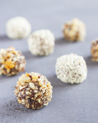 Raw Homemade Healthy Gluten Free Date Bites with Chocolate.