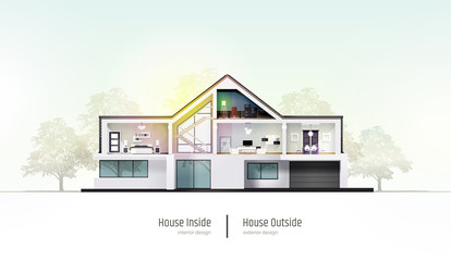 House in cross-section. Modern house, villa, cottage, townhouse with shadows. Architectural visualization of a three storey cottage. Realistic vector illustration.