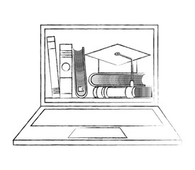 e-learning laptop books on screen graduation hat vector illustration sketch