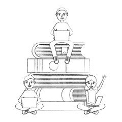 teens group using laptops on stacked books vector illustration sketch