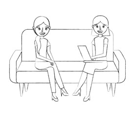 young women sitting on sofa with laptop vector illustration sketch