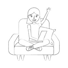 young woman with laptop sitting in the sofa vector illustration sketch