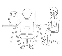 man and woman sitting at the desk and working on the computer vector illustration sketch