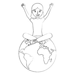 happy young woman sitting on world globe vector illustration sketch
