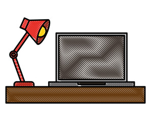 laptop computer with desk and lamp vector illustration design