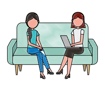 women talking in the livingroom vector illustration design