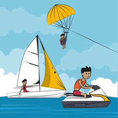 People on summer practicing differents water sports cartoon vector illustration graphic design