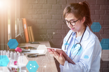 Doctor working on internet in lap test. Science and technology.