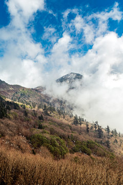 Nathang Valley, India.  covered with snow and clouds.