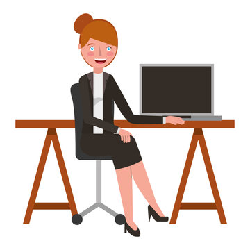 young woman sitting at the desk with laptop vector illustration