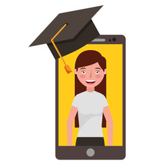 smartphone with teacher woman on screen graduation hat vector illustration