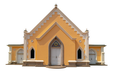 Front view of a small Auditorium with its door and window. The house is isolated on white background
