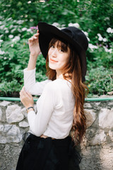 Beauty Girl Wear Wide Brim Black Hat