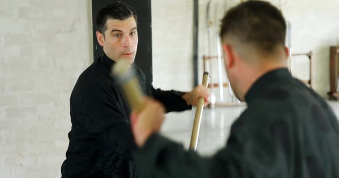 Kung fu fighters practicing martial arts with whip stick 