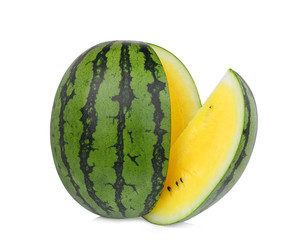 whole and slice yellow watermelon isolated on white background