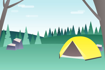 Natural landscape illustration in the flat style with tent.
