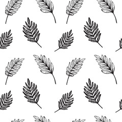 Leaf seamless vector pattern. Hand sketched black and white botanical background