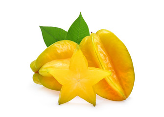 star apple fruit with green leaves isolated on white background
